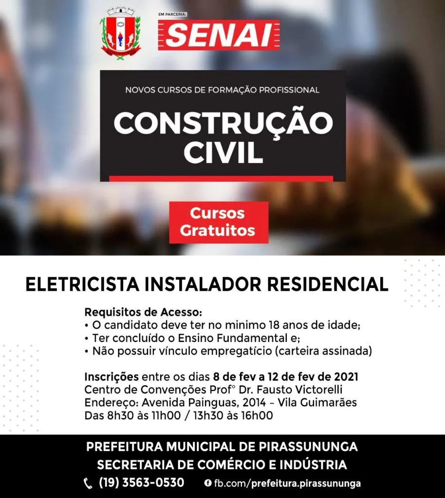 Prefeitura abre inscrições para Curso de Eletricista em parceria com Senai 2 SENAI-Curso-Eletricista