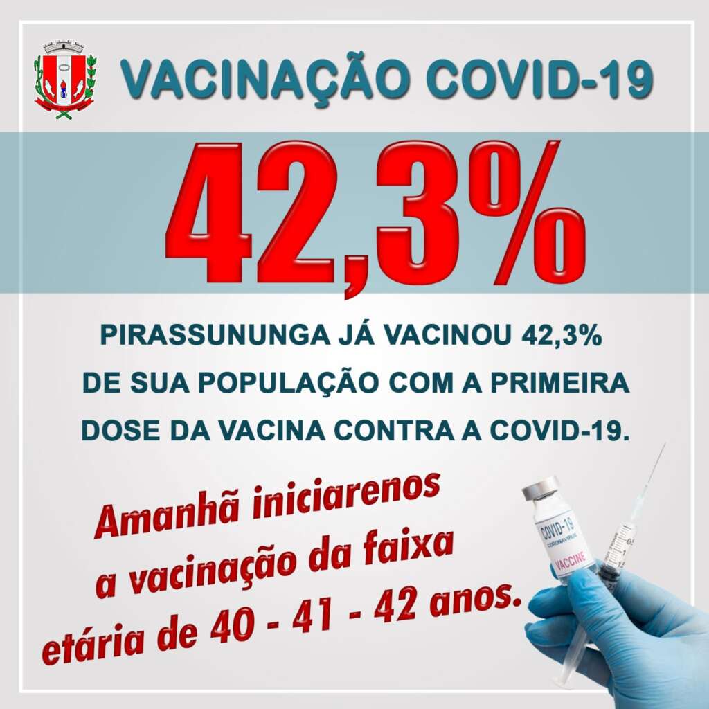 Pirassununga. Vacina para pessoas de 40/42 anos. Mais de 44.468 pessoas já foram vacinados contra o Covid – 19 1 VACINA CAPA
