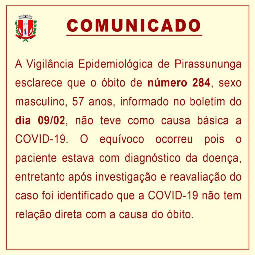 Covid-19. Município de Pirassununga já vacinou 85,92% do público alvo 3 covid morte
