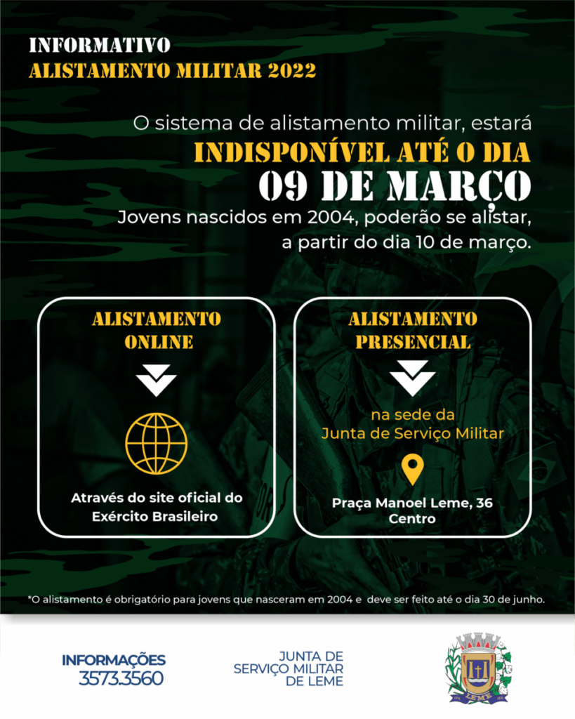 Junta de Servico Militar Informa Sistema de alistamento militar estara indisponivel ate o dia 9 de marco