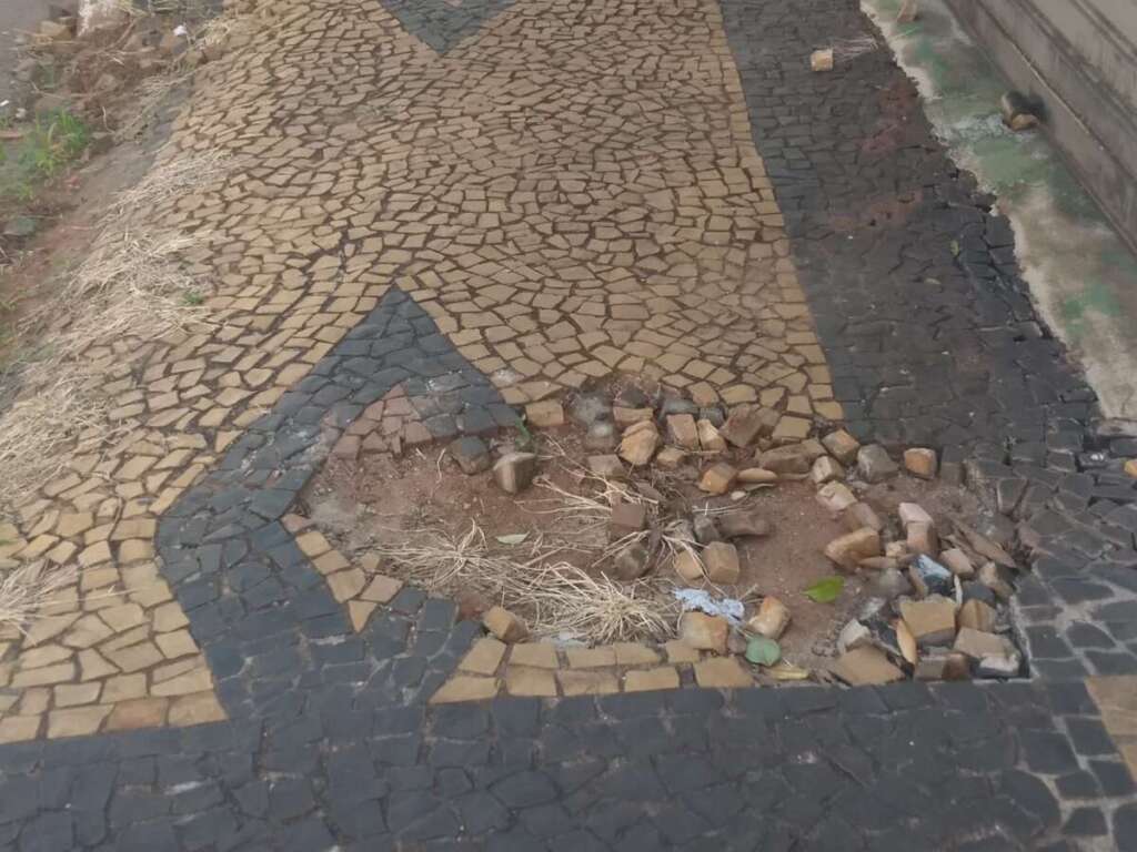 Calçadas com matos, buracos e materiais de construção