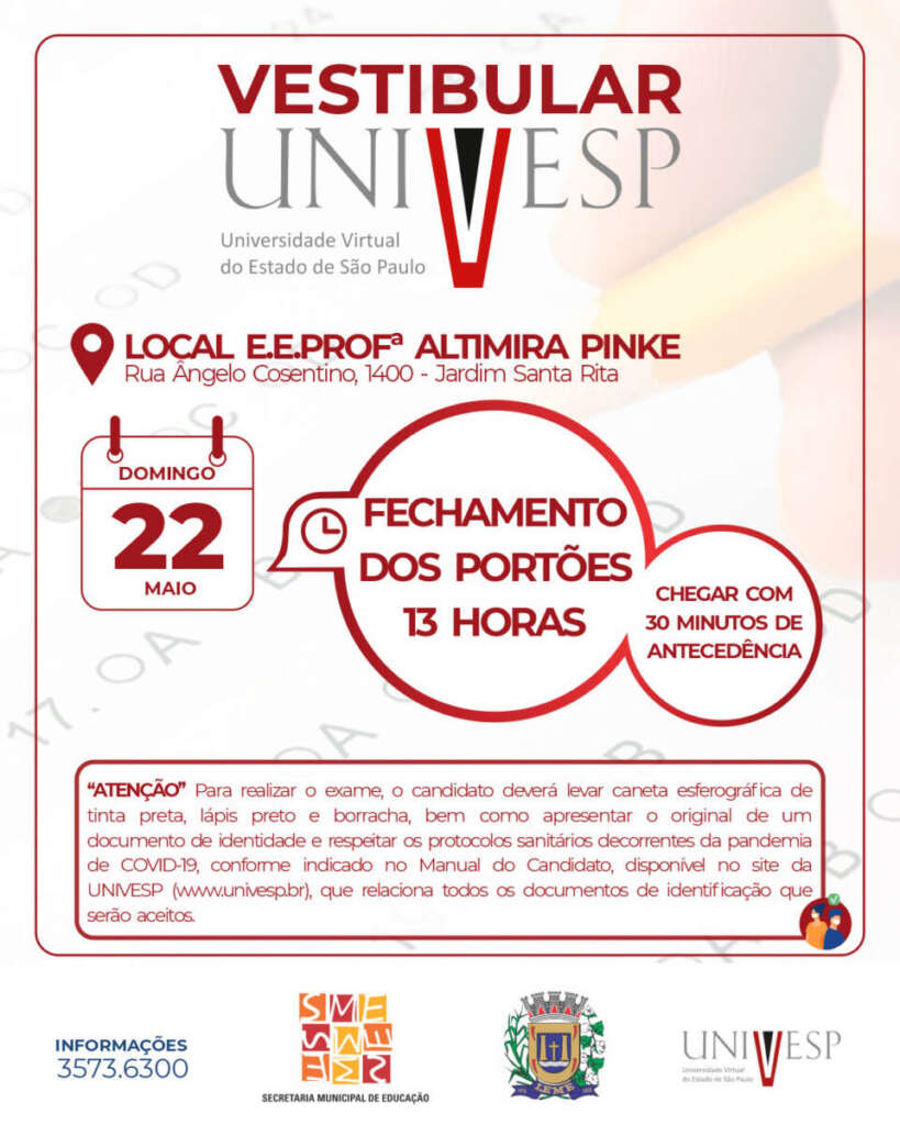 Vestibular UNIVESP Provas acontecem domingo dia 22