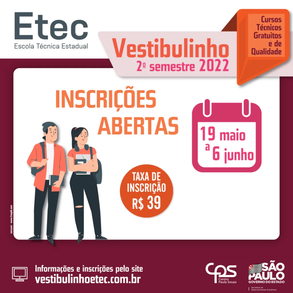 <strong>Vestibulinho ETEC 2º Semestre – 2022 – Inscrições vão até 06 de junho</strong> 2 Vestibulinho ETEC 2o Semestre 2022 1 1