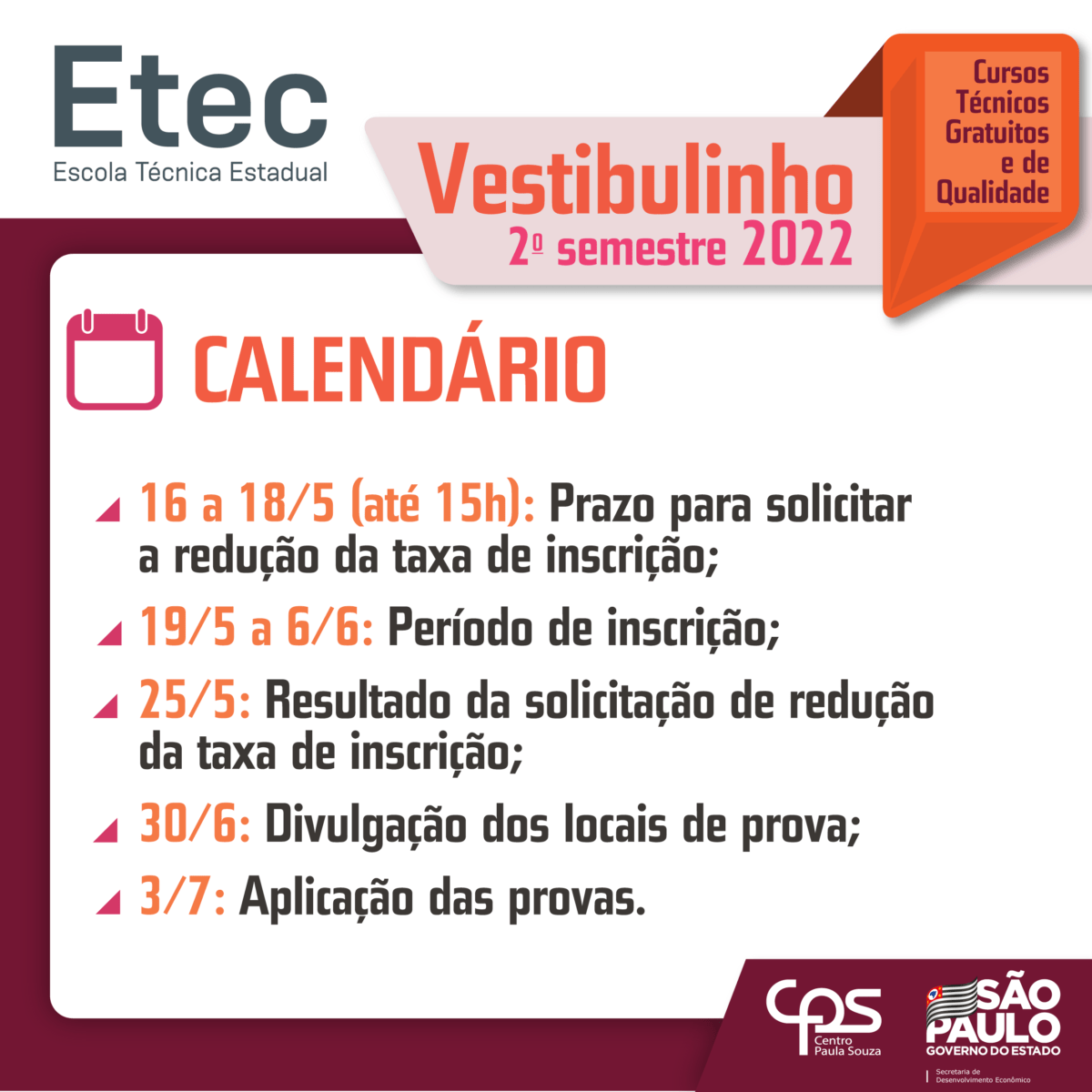 Inscrições para vestibulinho Etec