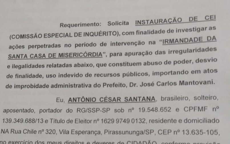 Protocolado no Legislativo pirassununguense pedido de CEI para cassação do prefeito