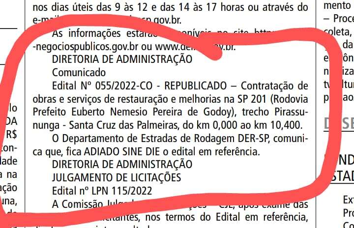 Estado cancela licitação da reforma da SP - 201 em Pirassununga 1 Estado cancela licitação da reforma da SP - 201 em Pirassununga