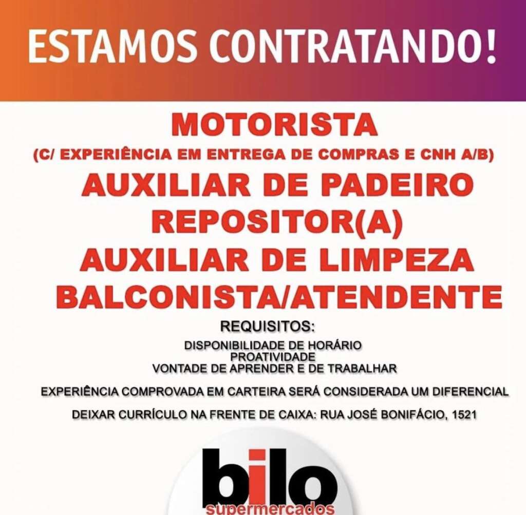 Supermercados Bilo esta com diversas vagas de emprego em Pirassununga; confira