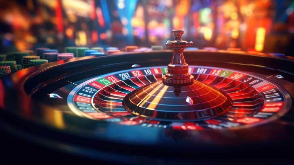 roulette wheel glimmers amidst bustling casino floor