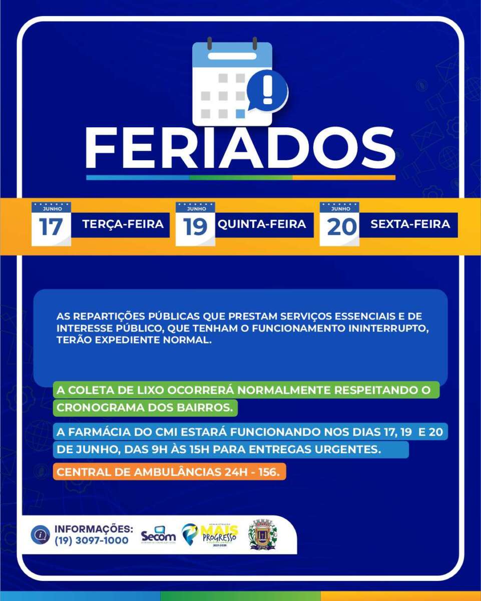 Leme. Feriados Municipais e ponto facultativo dias 17, 19 e 20 de junho 1 arte comunicado ponto facultativo 03 06 25