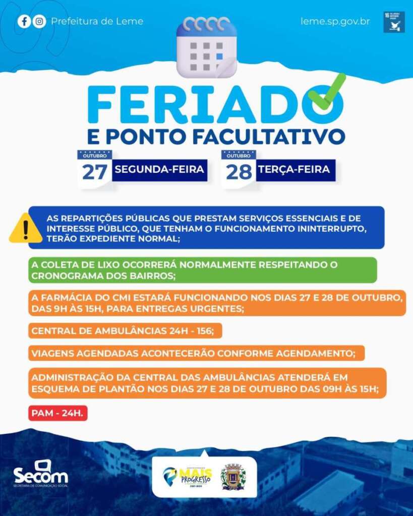 SECOM de Leme divulga as principais ações em andamento pelo município 9 feriados e pontos facultativos