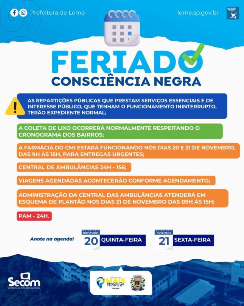 A cidade de Leme firma novo acordo com a UNESCO. Veja mais: Mês da Consciência Negra. Dia Mundial e Nacional do Diabetes 5 arte feriados e pontos facultativos 14 11 25