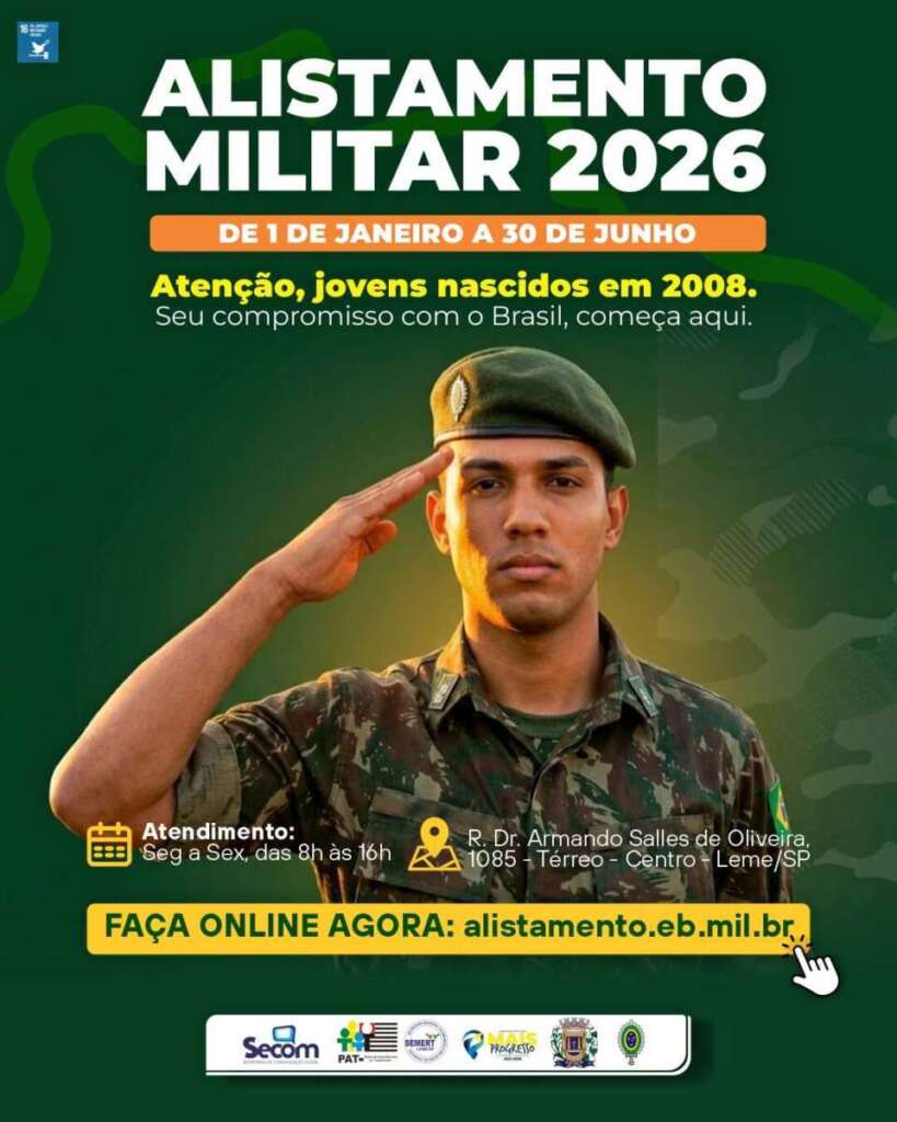 Trabalho e Compromisso. Prefeito de Leme anuncia os feriados e pontos facultativos de 2026 e novos cursos 4 Alistamento obrigatorio 2026 1