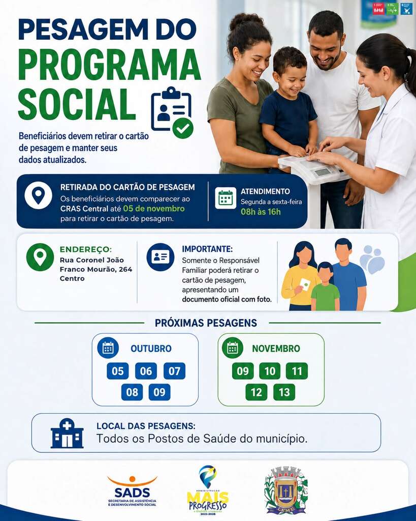 Prefeito de Leme anuncia reta final do REFIS, convoca beneficiários do Bolsa Família e duas novas praças 4 Pesagem Bolsa FAmilia outubro e novembro